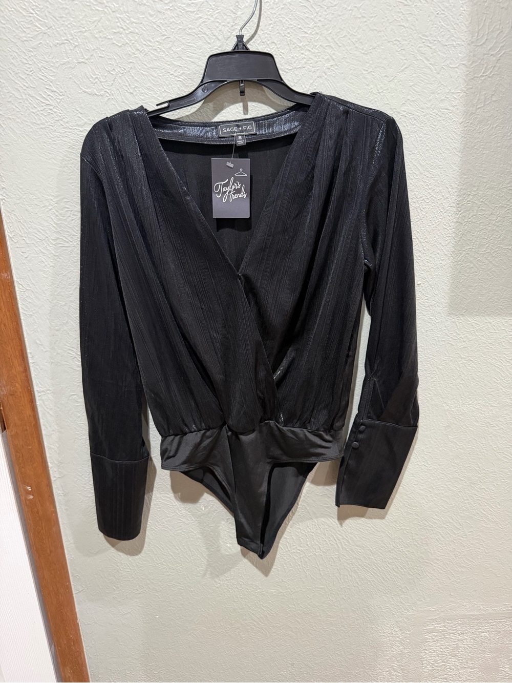 Sage & Fig Black Wrap-Front Long-Sleeve Bodysuit NWT